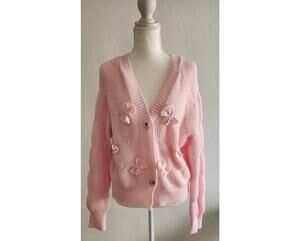 Elenzga Pink‎ Bow Cardigan Sweater Women's L XL Long Sleeve Soft Knit